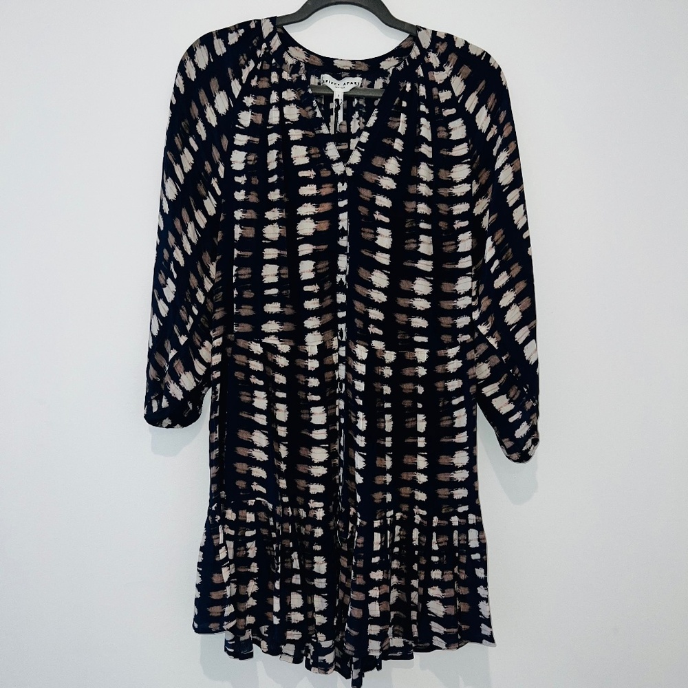 APIECE APART Mitte Mini Dress Tiered Blue Watercolor Abstract Crepe de Chine Coo